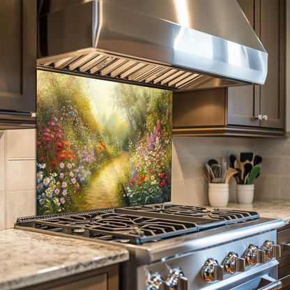Floral Tempered Glass Kitchen Backsplash, Heat Resistant Wall Art, Custom Size Design