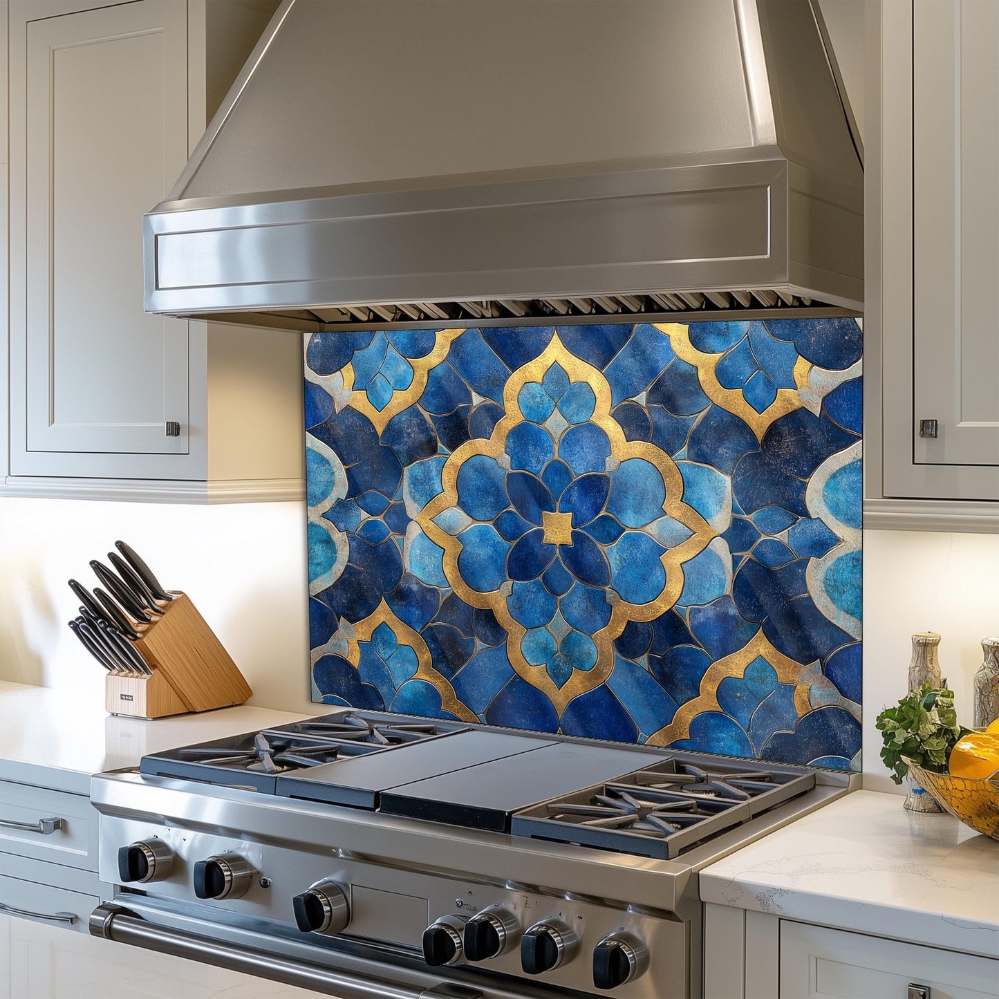 Moroccan Style Glass Backsplash, Blue Geometric Stove Guard, Heat Resistant Easy Clean Kitchen Art