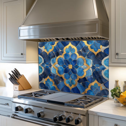 Moroccan Style Glass Backsplash, Blue Geometric Stove Guard, Heat Resistant Easy Clean Kitchen Art