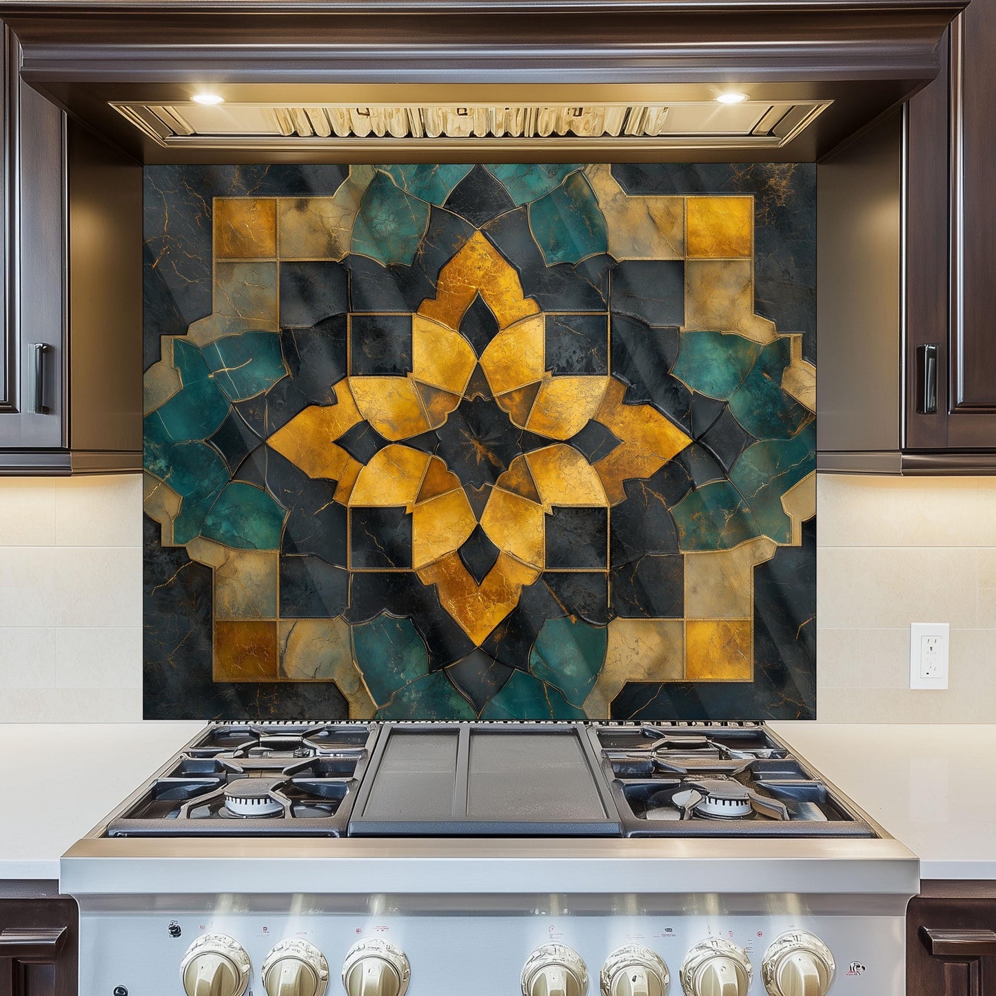 Moroccan Style Glass Backsplash, Floral Medallion Stove Guard, Heat Resistant Easy Clean Kitchen Art