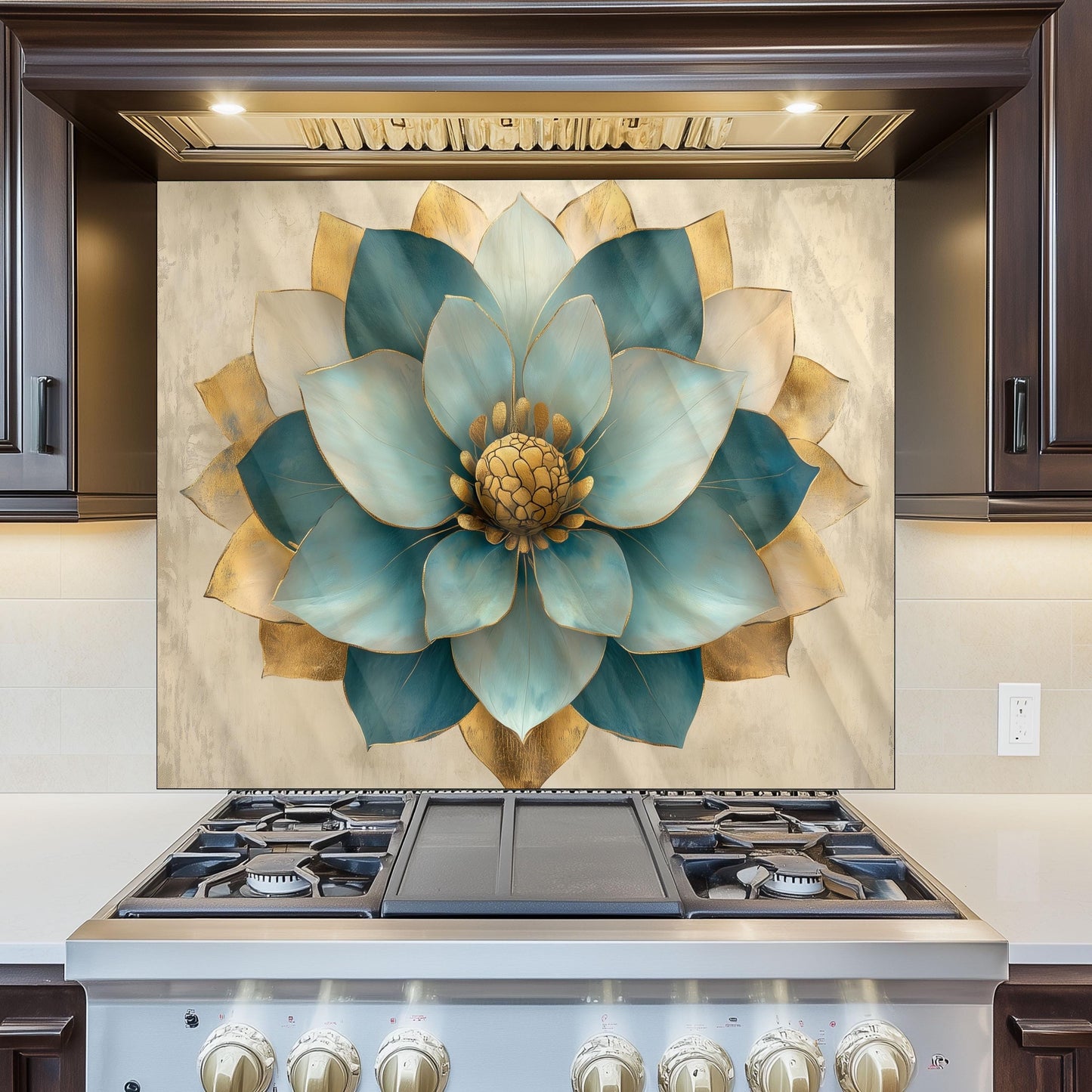 Moroccan Floral Glass Backsplash, Blue Geometric Stove Guard, Heat Resistant Easy Clean Kitchen Art