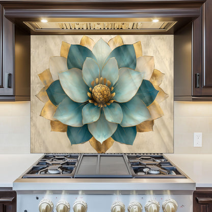 Moroccan Floral Glass Backsplash, Blue Geometric Stove Guard, Heat Resistant Easy Clean Kitchen Art