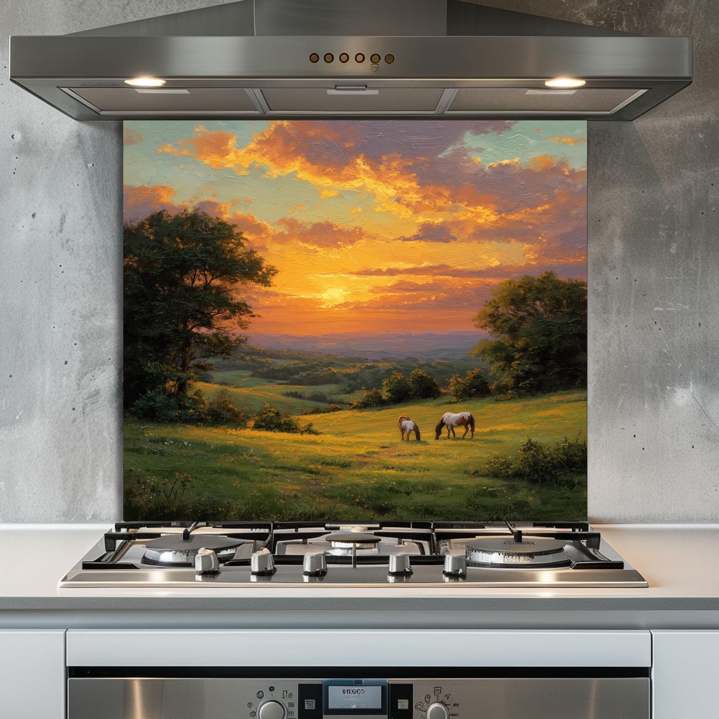 Sunset Pasture Kitchen Backsplash, Horse Landscape Tempered Glass Art, Custom Size Design