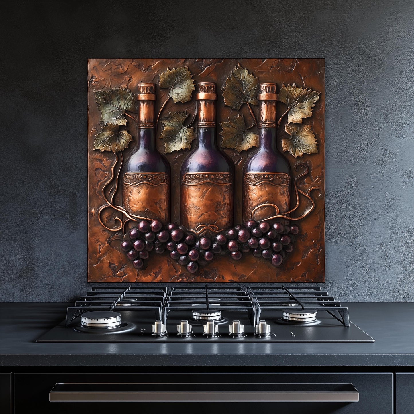 Rustic wine decor for kitchens: tempered glass backsplash featuring wine bottles and grapes, perfect for farmhouse-style interiors. Heat-resistant and easy to clean, this vineyard-inspired wall protector combines timeless style