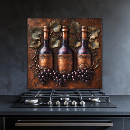 Rustic wine decor for kitchens: tempered glass backsplash featuring wine bottles and grapes, perfect for farmhouse-style interiors. Heat-resistant and easy to clean, this vineyard-inspired wall protector combines timeless style