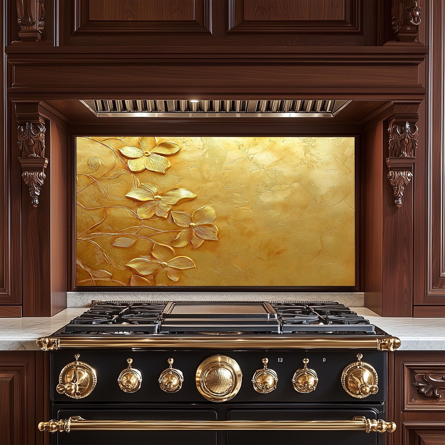 Golden Floral Tempered Glass Backsplash: Rustic Kitchen Decor