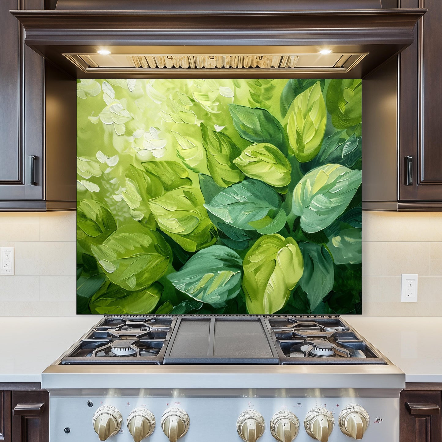 Green Leaf Glass Backsplash, Botanical Nature Stove Guard, Custom Size Kitchen Art