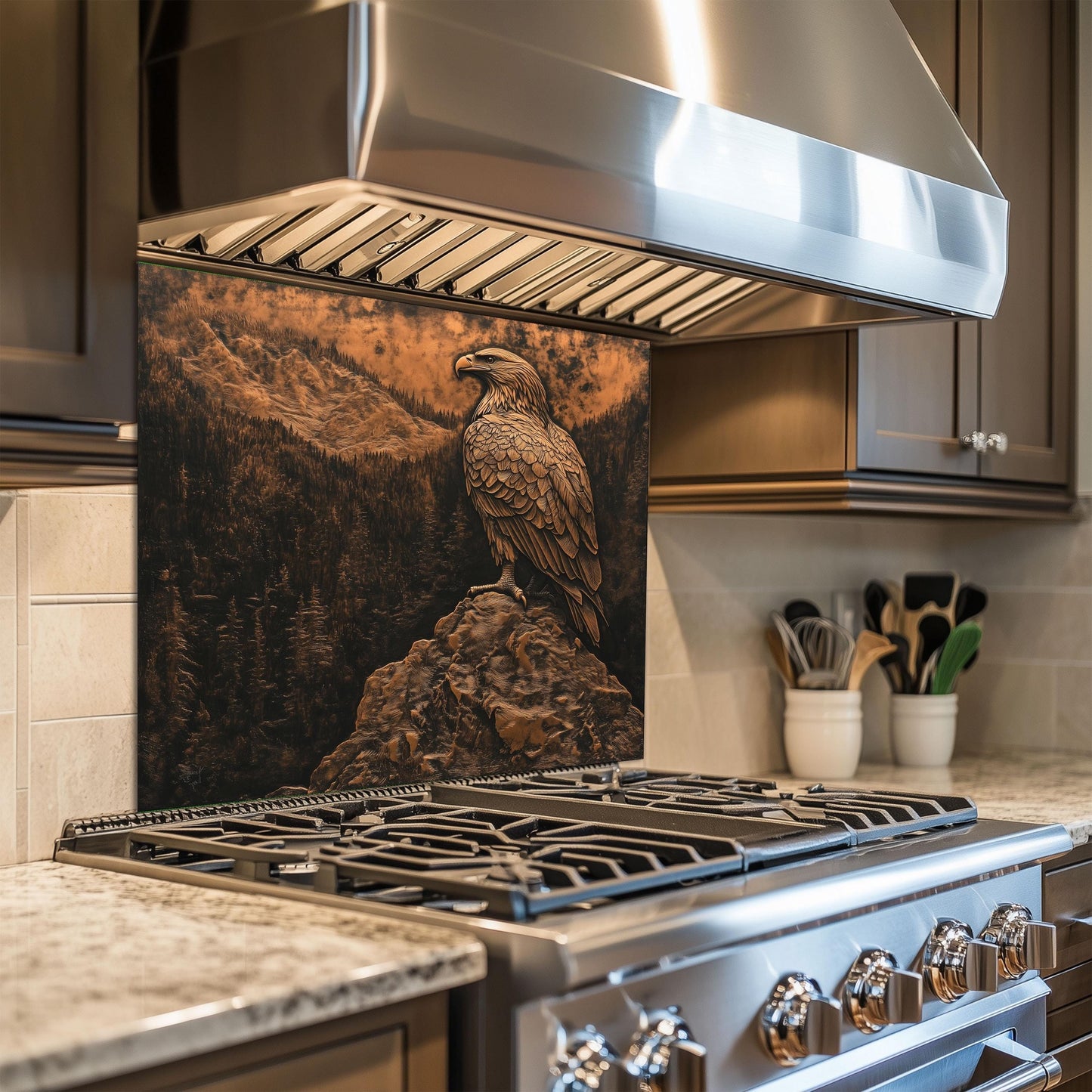 Heat-resistant tempered glass backsplash, Bald Eagle mountain view, easy clean kitchen wall protector, patriotic kitchen art, stove backsplash, nature-inspired kitchen decor, copper kitchen wall protector