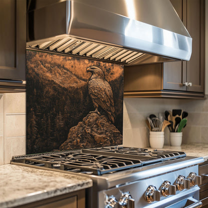 Heat-resistant tempered glass backsplash, Bald Eagle mountain view, easy clean kitchen wall protector, patriotic kitchen art, stove backsplash, nature-inspired kitchen decor, copper kitchen wall protector