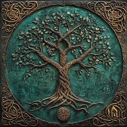 Celtic Tree of Life Metal Kitchen Backsplash: Green & Gold Wall Art