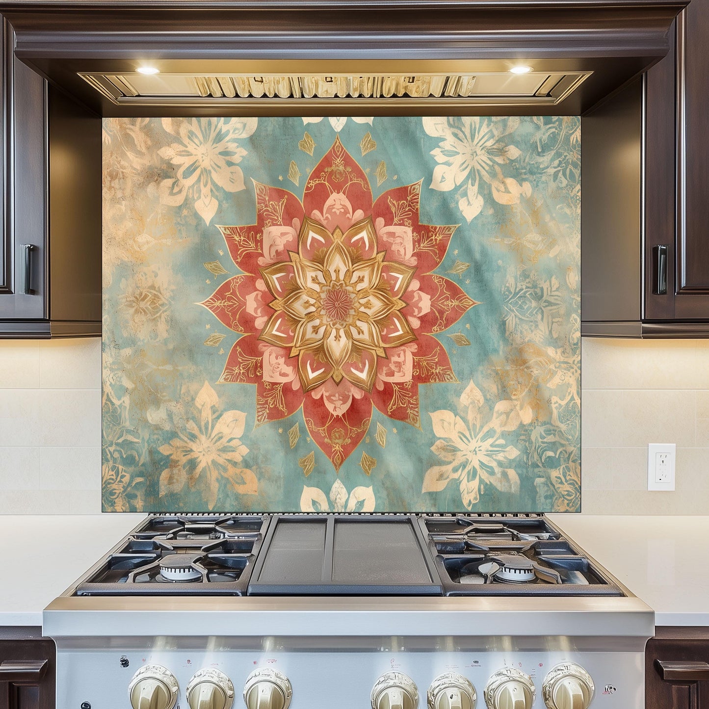 Moroccan Style Glass Backsplash, Blue Floral Stove Guard, Heat Resistant Easy Clean Kitchen Art
