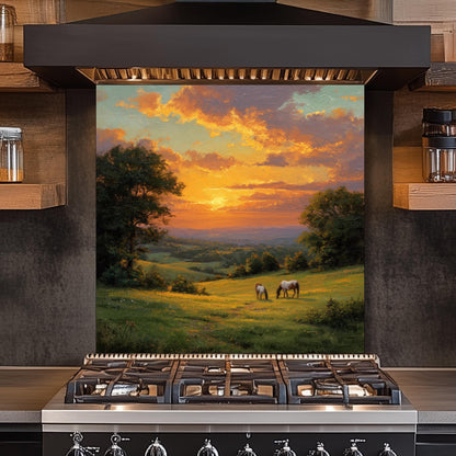 Sunset Pasture Kitchen Backsplash, Horse Landscape Tempered Glass Art, Custom Size Design