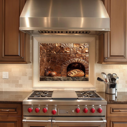Embossed Copper Glass Backsplash, Rustic Oven Scene Stove Guard, Heat Resistant Farmhouse Wall Art