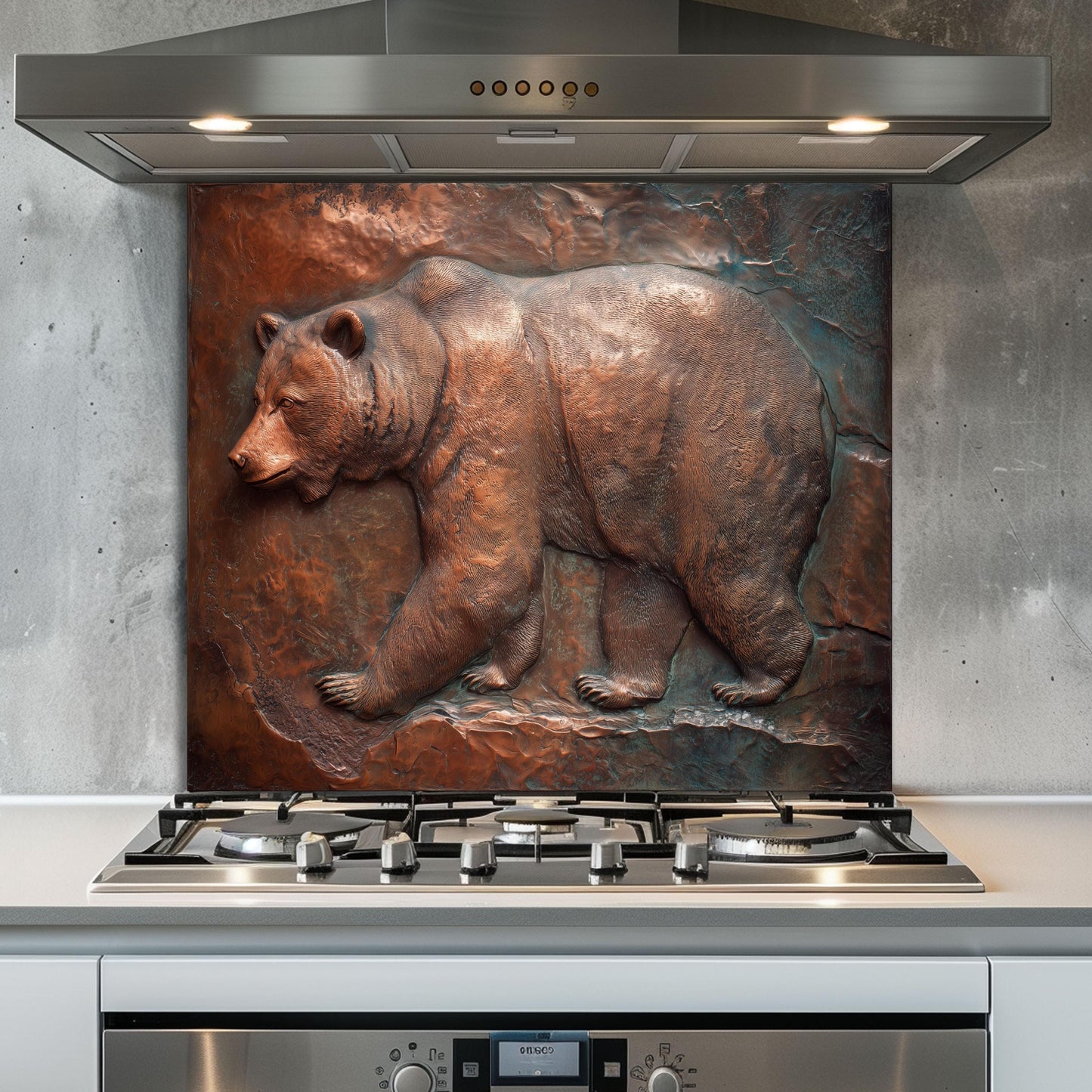 Rustic Copper Bear Backsplash: Tempered Glass Lodge Kitchen Decor