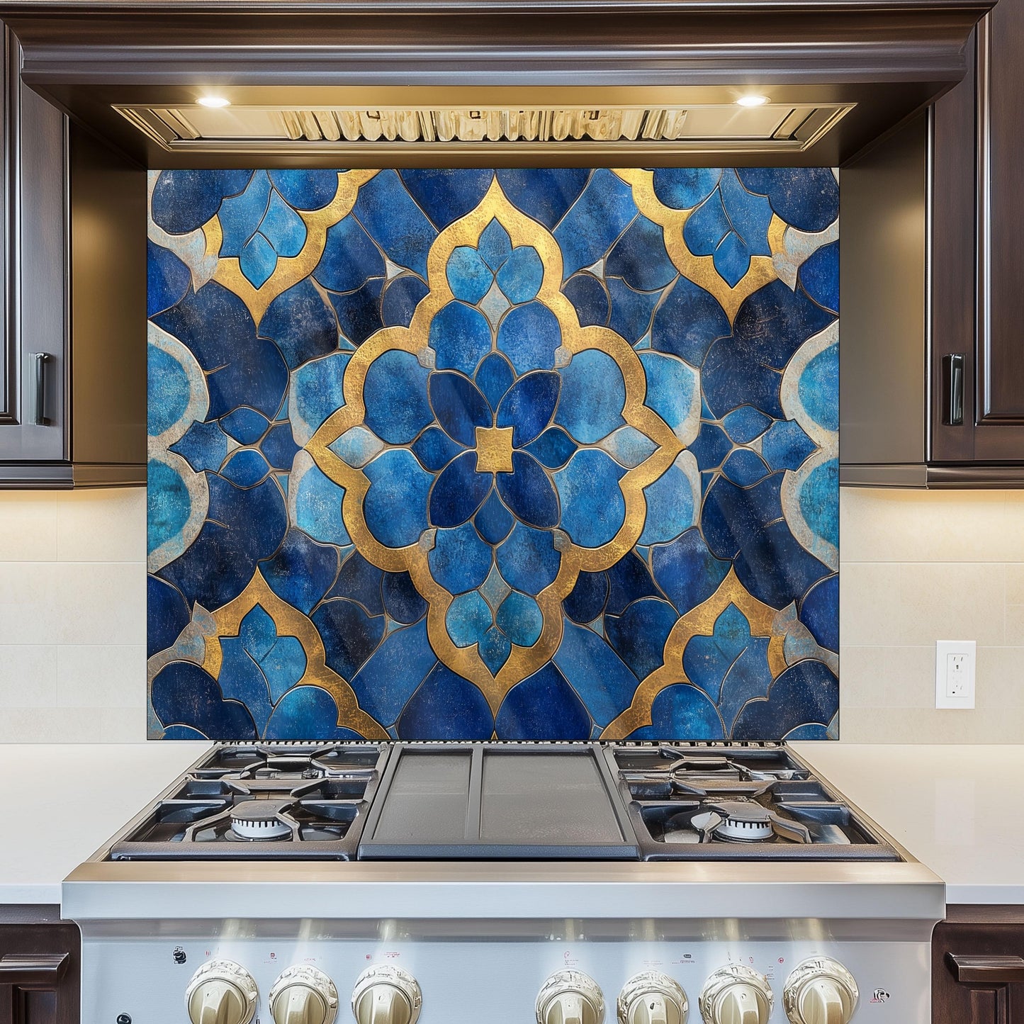 Moroccan Style Glass Backsplash, Blue Geometric Stove Guard, Heat Resistant Easy Clean Kitchen Art