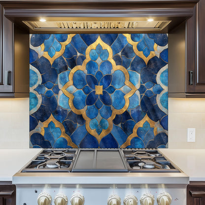 Moroccan Style Glass Backsplash, Blue Geometric Stove Guard, Heat Resistant Easy Clean Kitchen Art