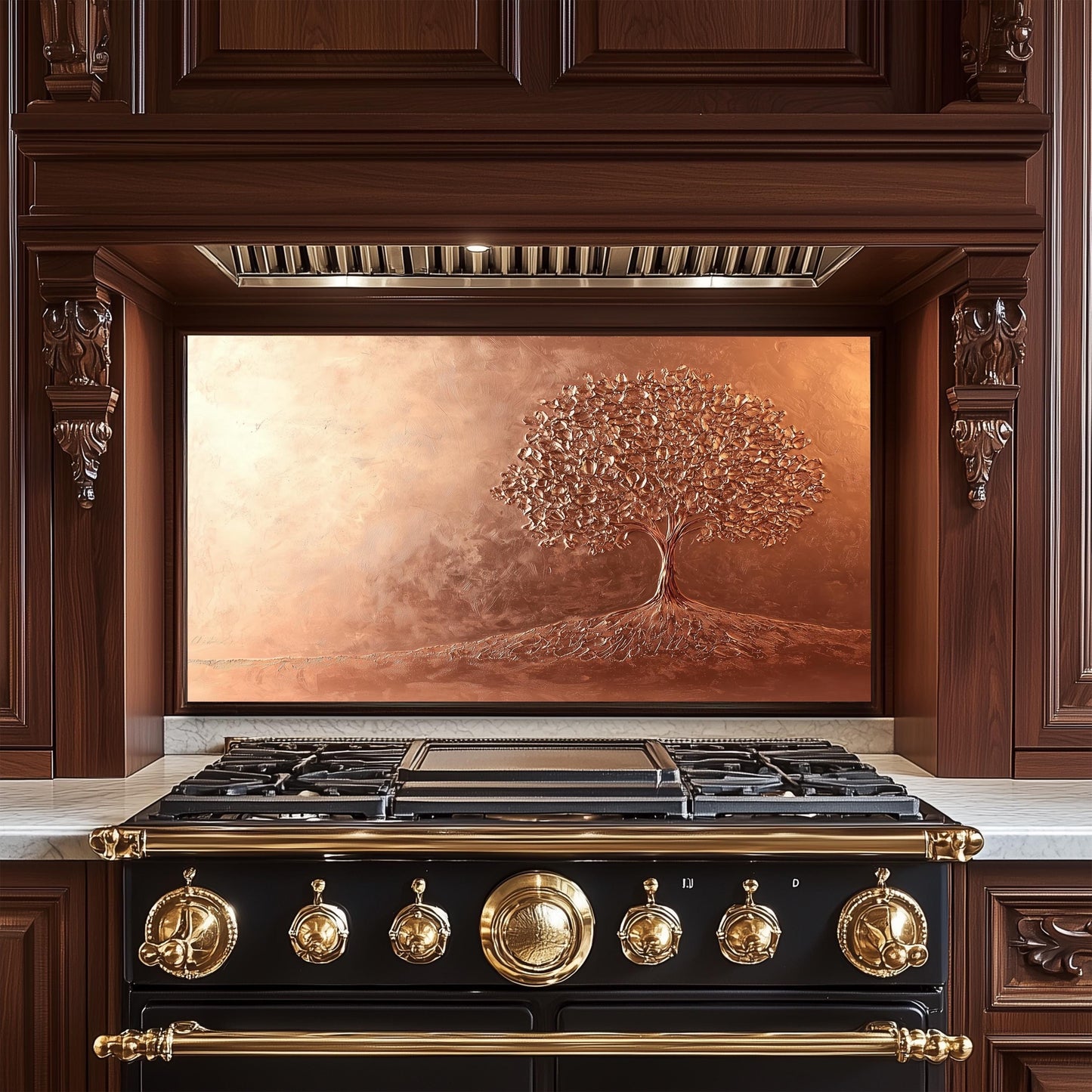 Tree of Life Tempered Glass Backsplash: Rustic Copper Kitchen Panel