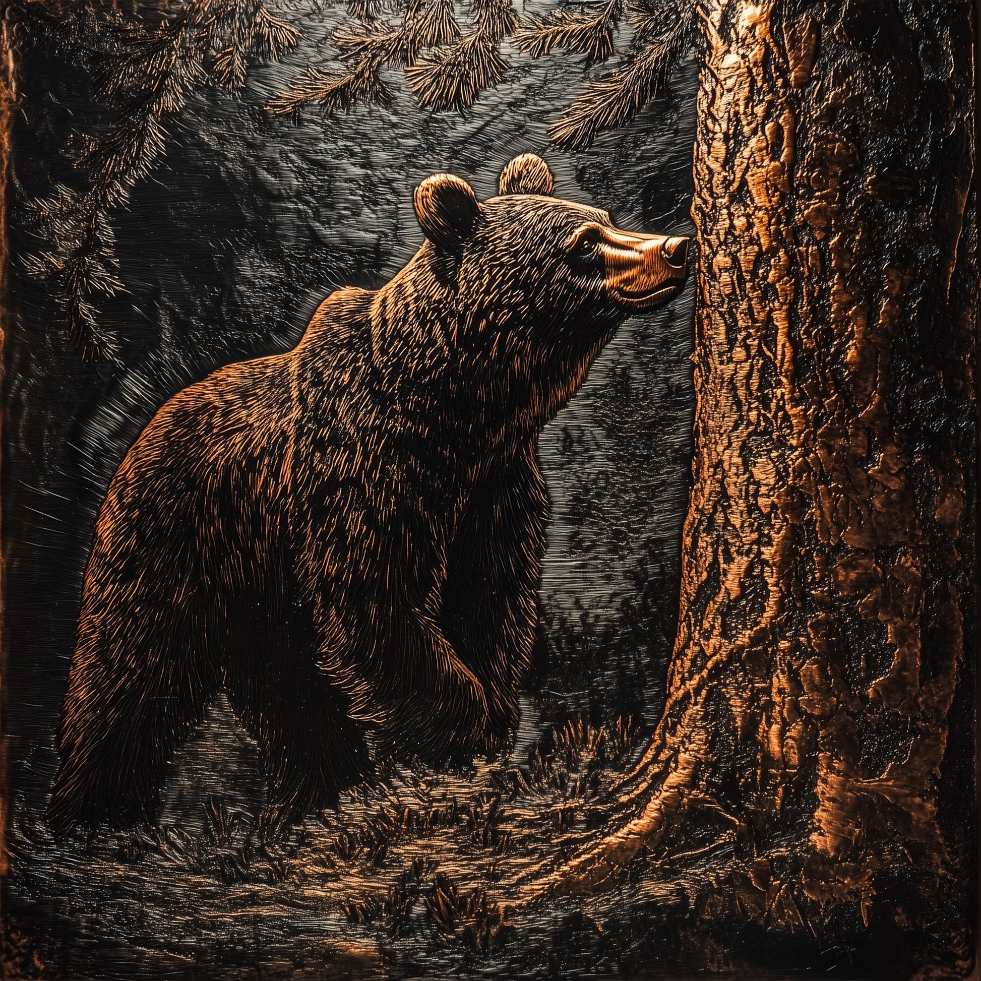 Tempered Glass Kitchen Backsplash: Copper Bear Forest Scene