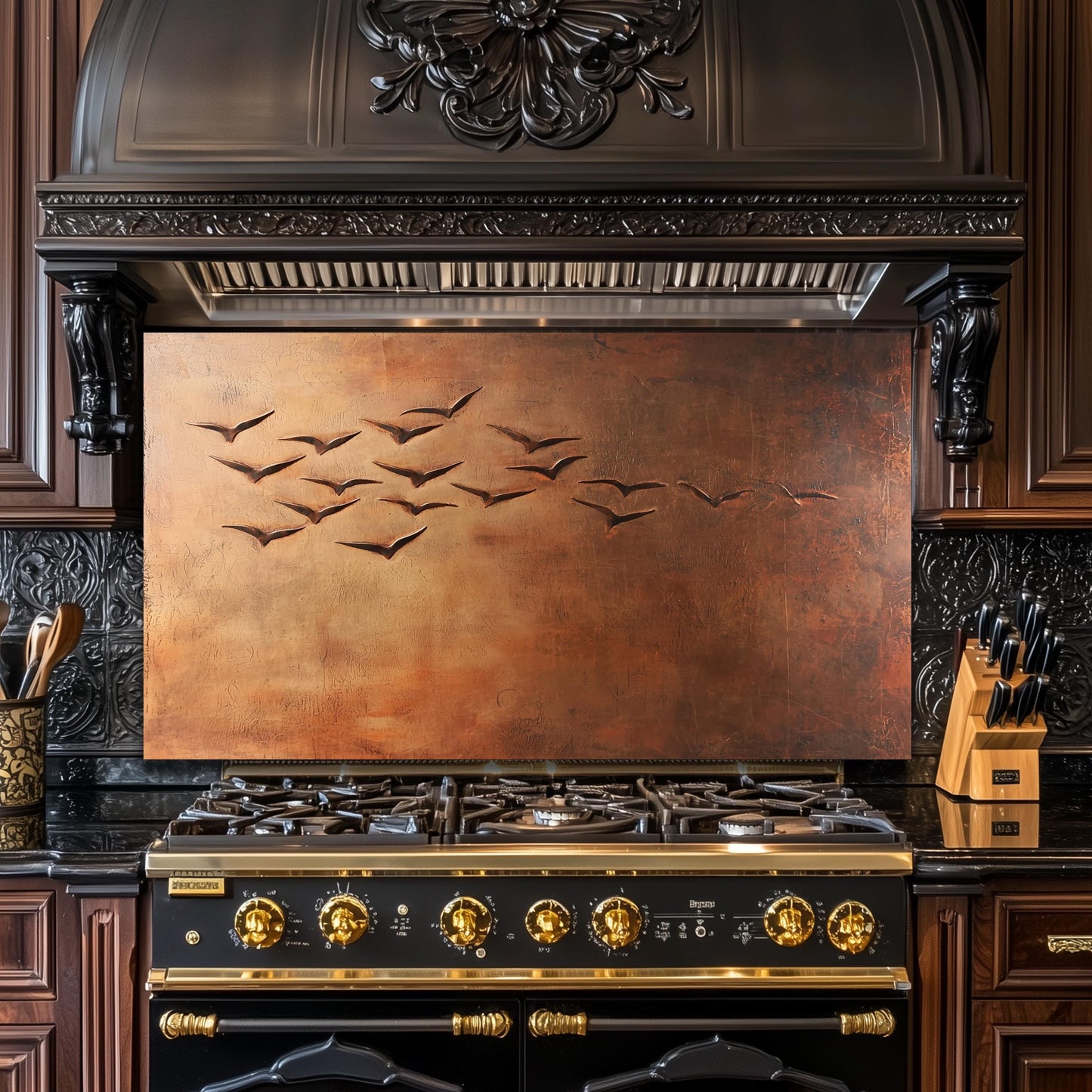 Copper Heron Tempered Glass Kitchen Backsplash: Rustic Bird Art