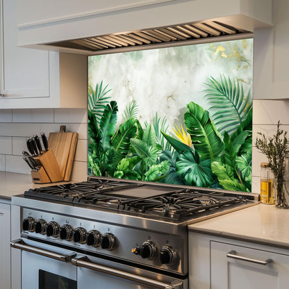 Tropical Banana Leaf Tempered Glass Backsplash: Marble & Gold Kitchen Wall Art