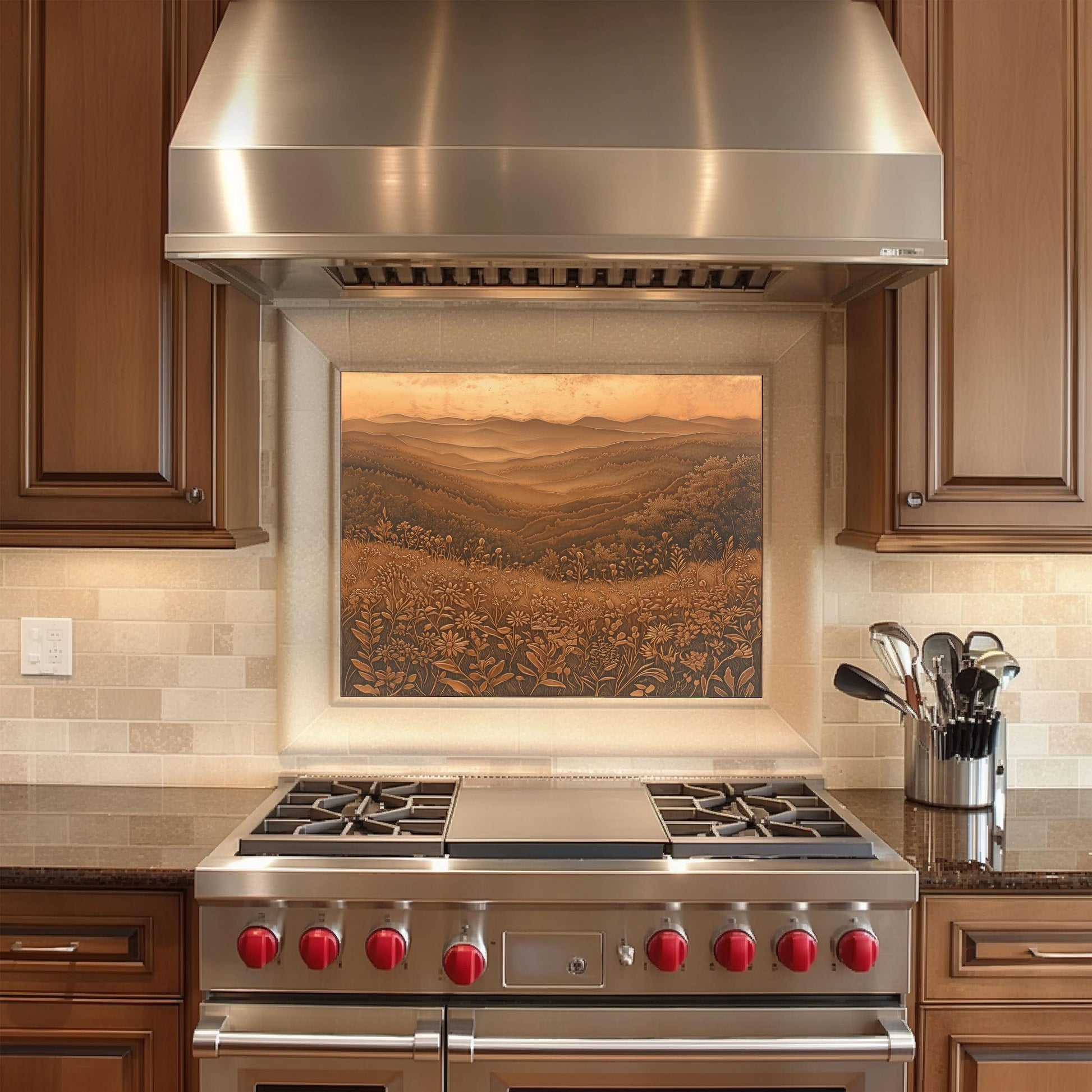 Mountain kitchen backsplash, heat-resistant tempered glass, copper effect wall protector, rustic wildflower design, easy clean stove backsplash, kitchen decor, nature-inspired art