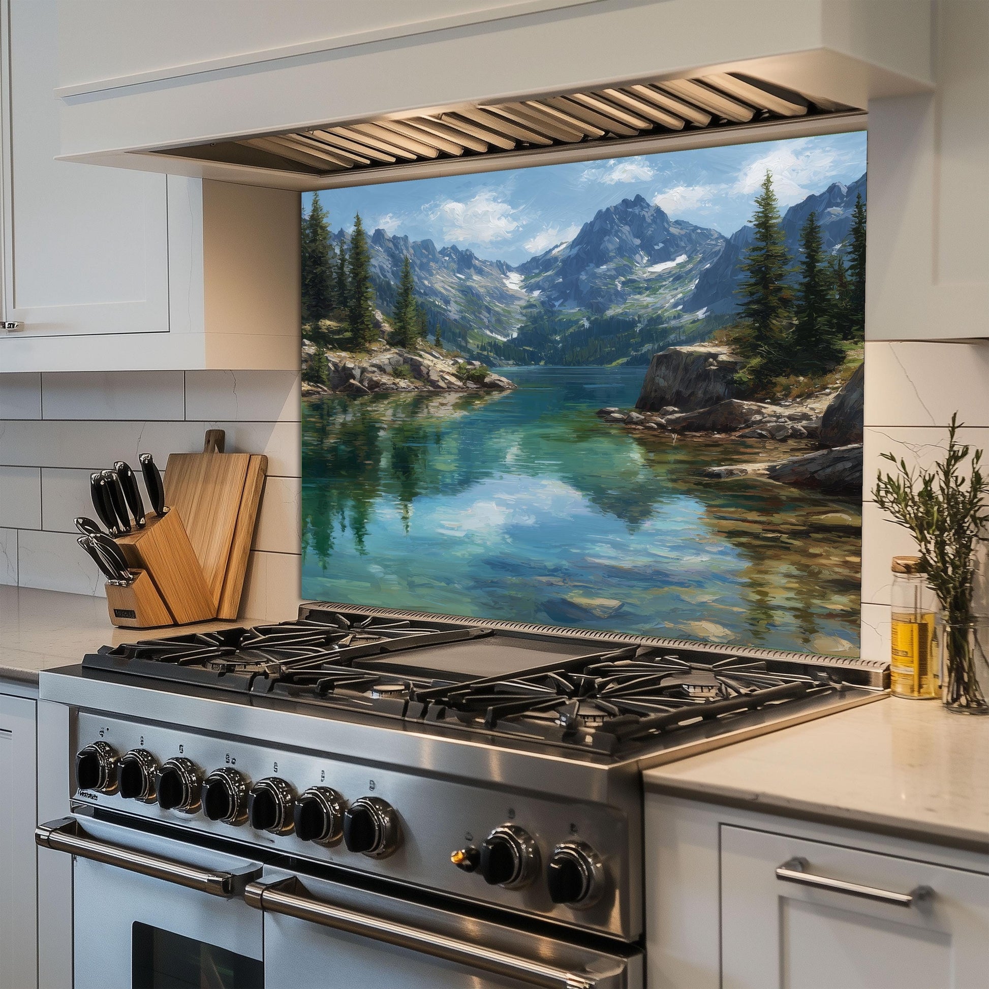 Mountain Lake Reflection Kitchen Backsplash, UV Printed Tempered Glass, Custom Size Design