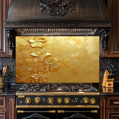 Golden Floral Tempered Glass Backsplash: Rustic Kitchen Decor