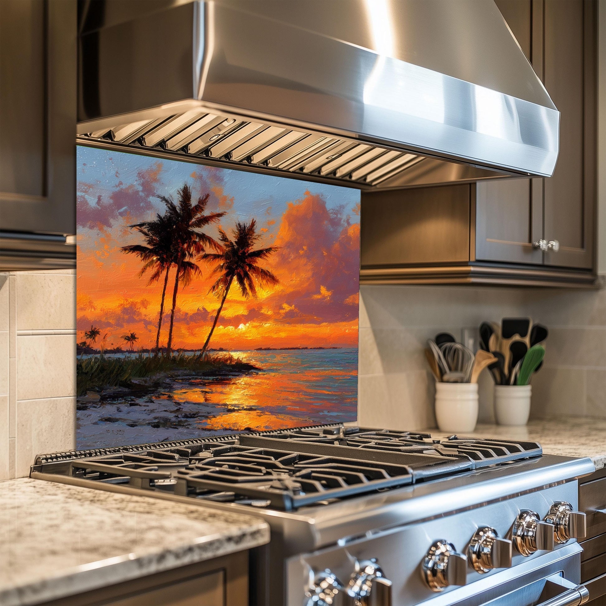 Tropical Palm Sunset Glass Backsplash – Coastal Kitchen Wall Art