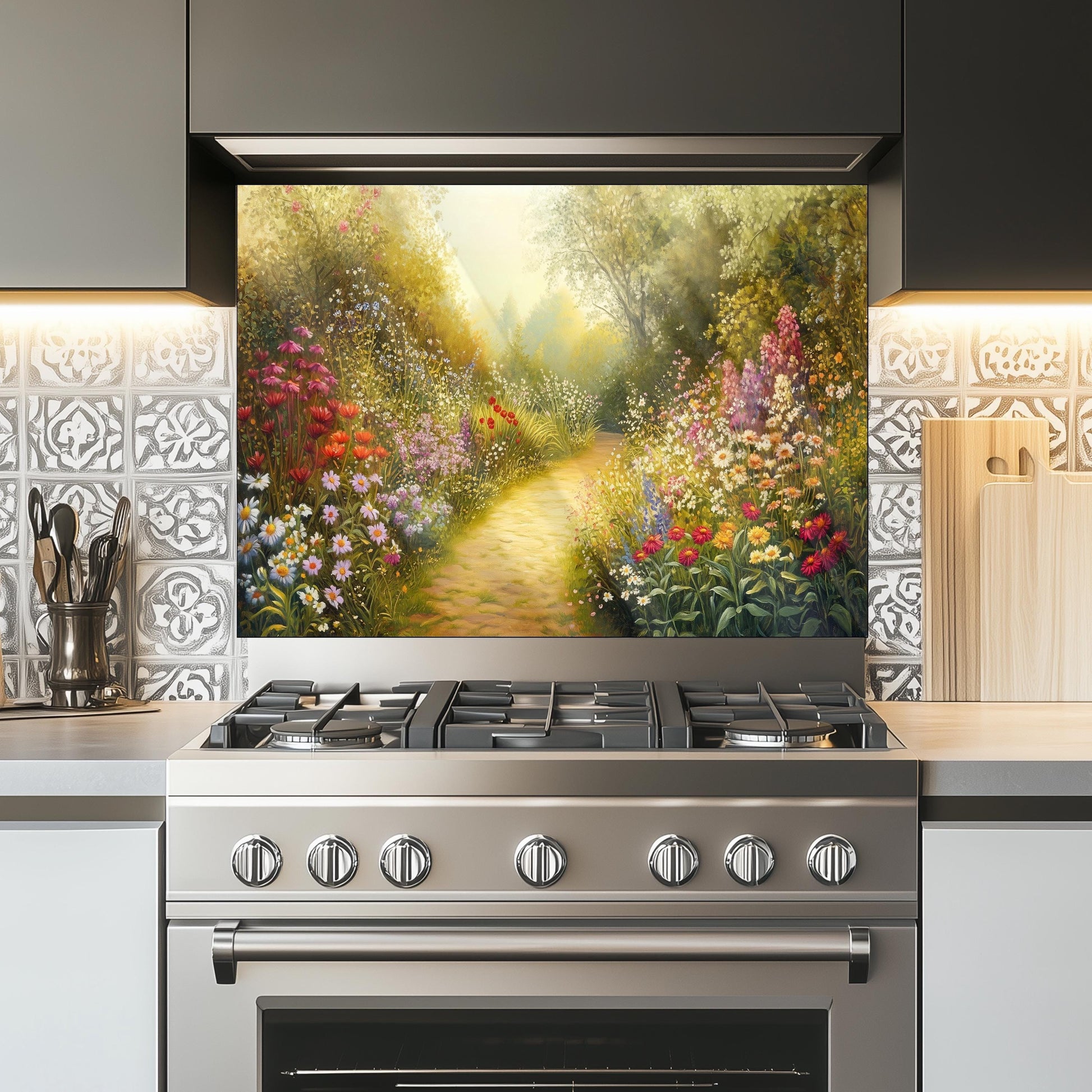 Floral Tempered Glass Kitchen Backsplash, Heat Resistant Wall Art, Custom Size Design