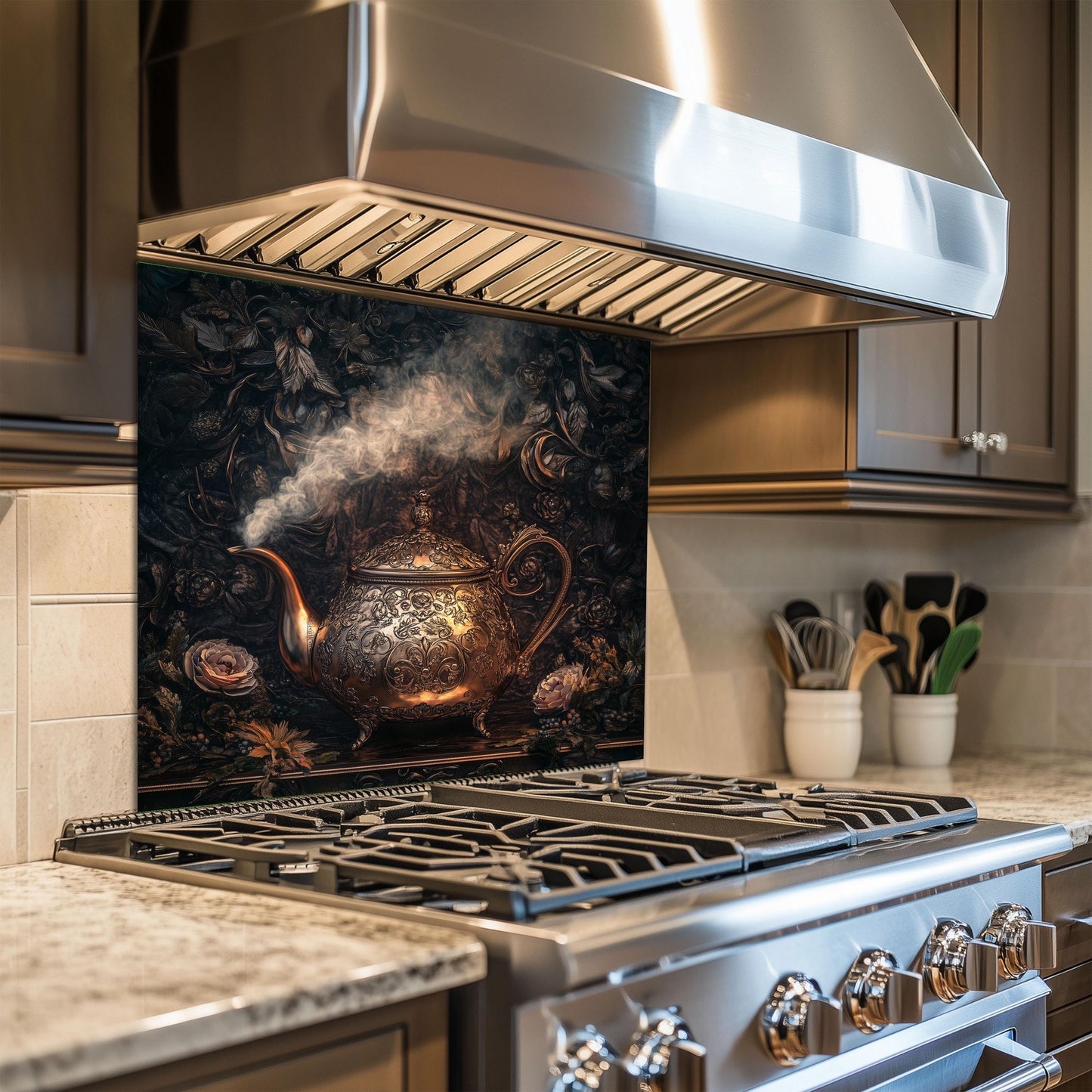Grape and leaf kitchen backsplash, crafted in tempered glass with a vineyard-inspired design. Heat-resistant and easy to clean, a perfect match for farmhouse or rustic style kitchens.