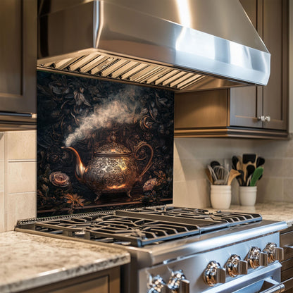 Grape and leaf kitchen backsplash, crafted in tempered glass with a vineyard-inspired design. Heat-resistant and easy to clean, a perfect match for farmhouse or rustic style kitchens.