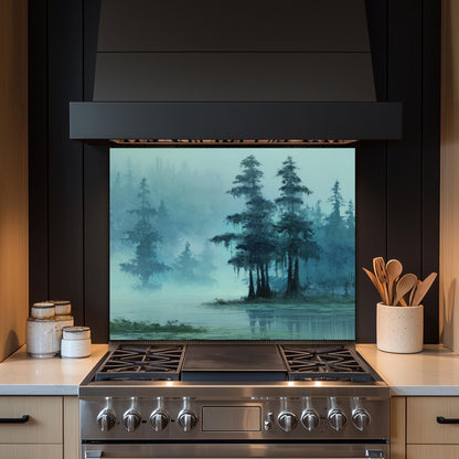 Misty Cypress Swamp Tempered Glass Backsplash - Foggy Lake Kitchen Splashback
