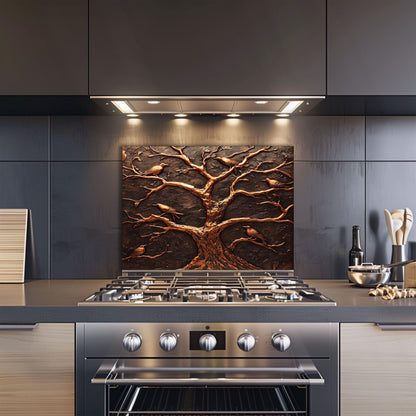 Rustic copper kitchen backsplash, tree and birds design, heat-resistant tempered glass, easy clean wall protector, nature kitchen decor, stove backsplash protector, rustic wall art