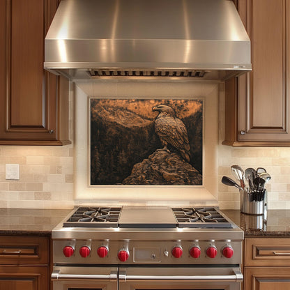 Bald Eagle design backsplash, copper effect mountain design, heat-resistant wall protector, stove backsplash, wildlife decor, easy clean wall protector, American eagle kitchen art