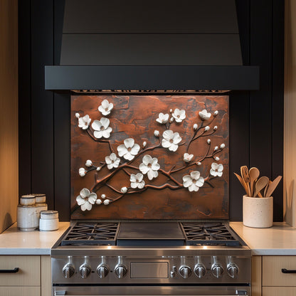 Tempered Glass Kitchen Backsplash: Copper Cherry Blossom Design