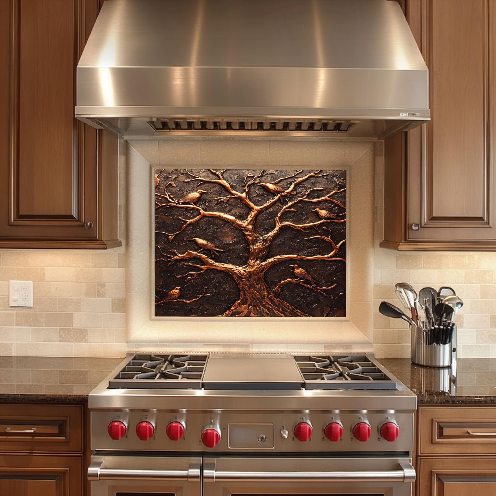 Tree design kitchen backsplash, copper effect kitchen art, heat-resistant tempered glass, easy clean kitchen wall protector, stove protector, rustic kitchen decor, nature-themed wall protector