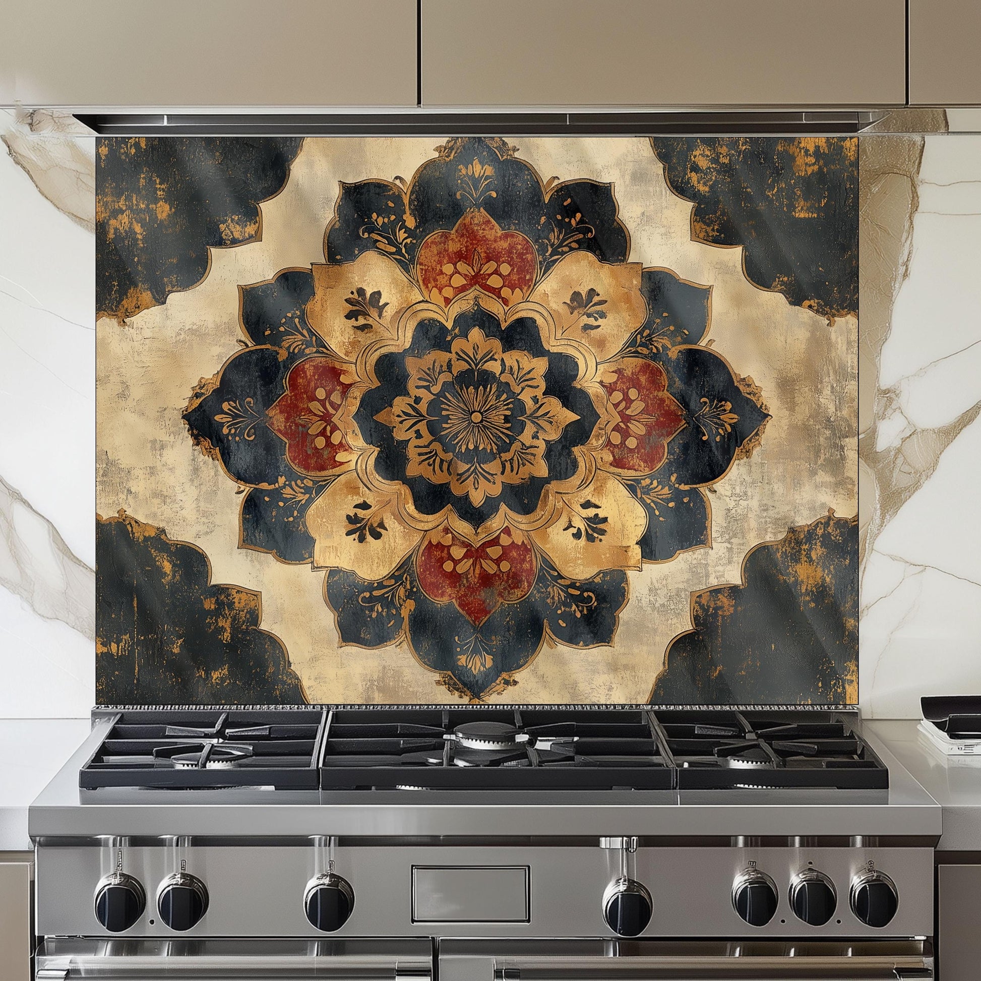 Moroccan Style Glass Backsplash, Blue Geometric Stove Guard, Heat Resistant Easy Clean Kitchen Art
