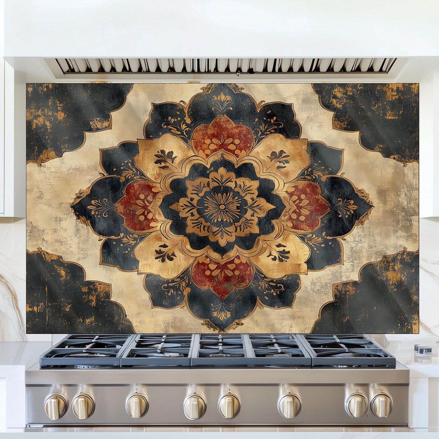 Moroccan Style Glass Backsplash, Blue Geometric Stove Guard, Heat Resistant Easy Clean Kitchen Art