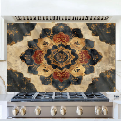 Moroccan Style Glass Backsplash, Blue Geometric Stove Guard, Heat Resistant Easy Clean Kitchen Art
