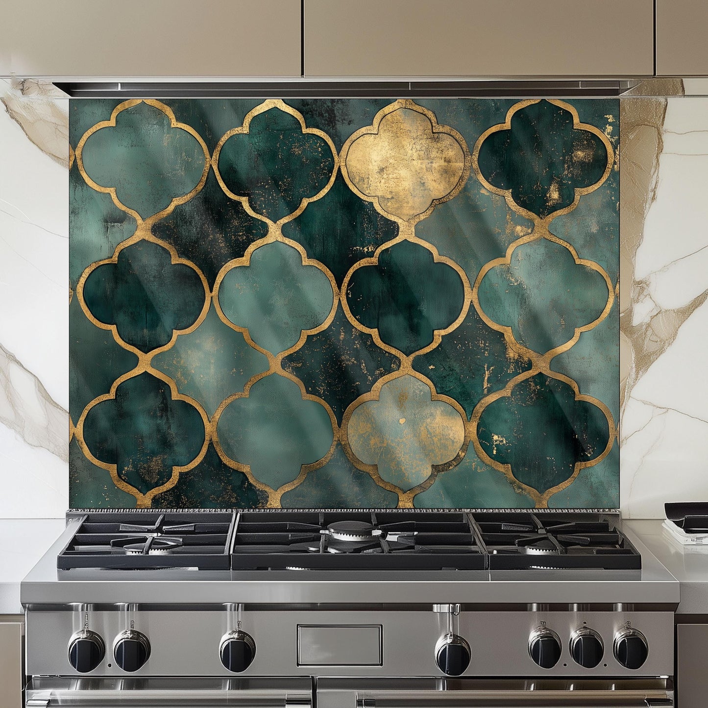 Moroccan Style Glass Backsplash, Blue Geometric Stove Guard, Heat Resistant Easy Clean Kitchen Art