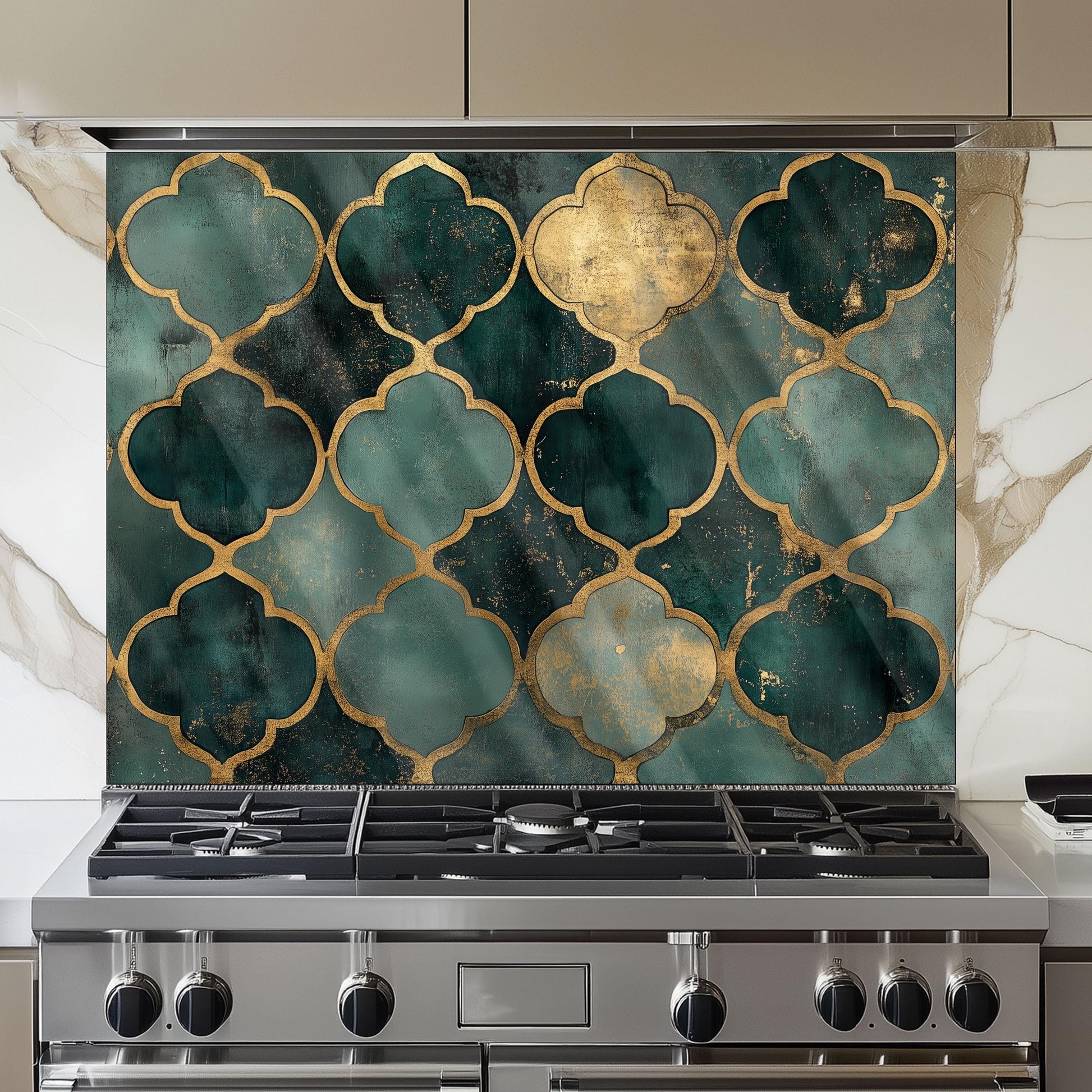 Moroccan Style Glass Backsplash, Blue Geometric Stove Guard, Heat Resistant Easy Clean Kitchen Art