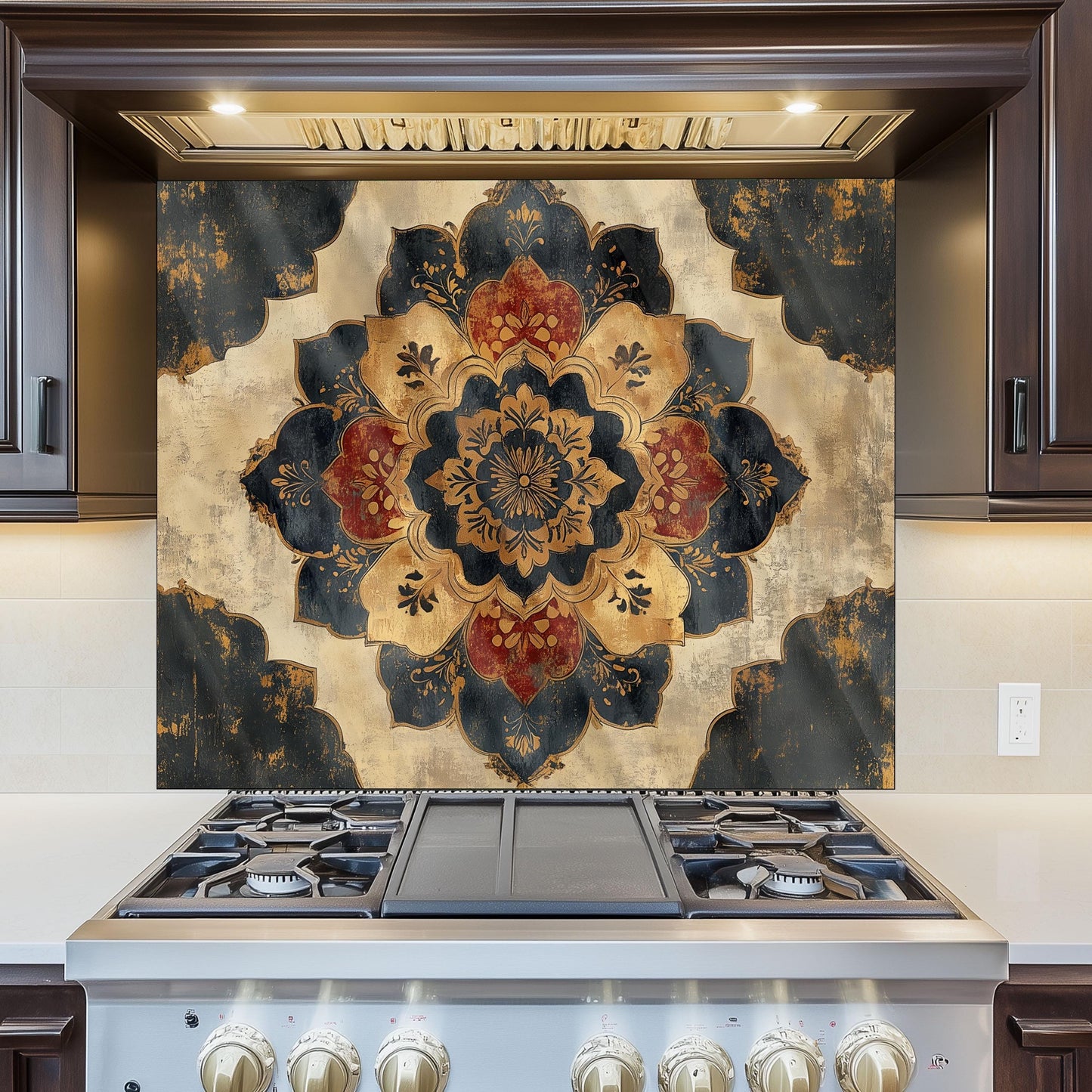 Moroccan Style Glass Backsplash, Blue Geometric Stove Guard, Heat Resistant Easy Clean Kitchen Art