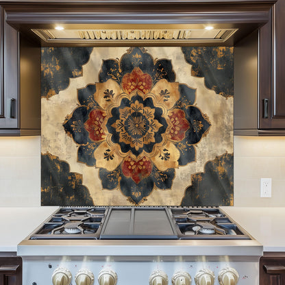 Moroccan Style Glass Backsplash, Blue Geometric Stove Guard, Heat Resistant Easy Clean Kitchen Art