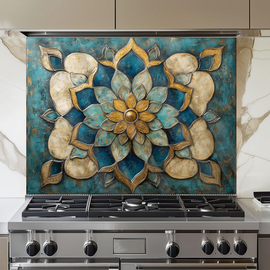 Moroccan Tempered Glass Kitchen Backsplash: Artistic Floral Stove Panel