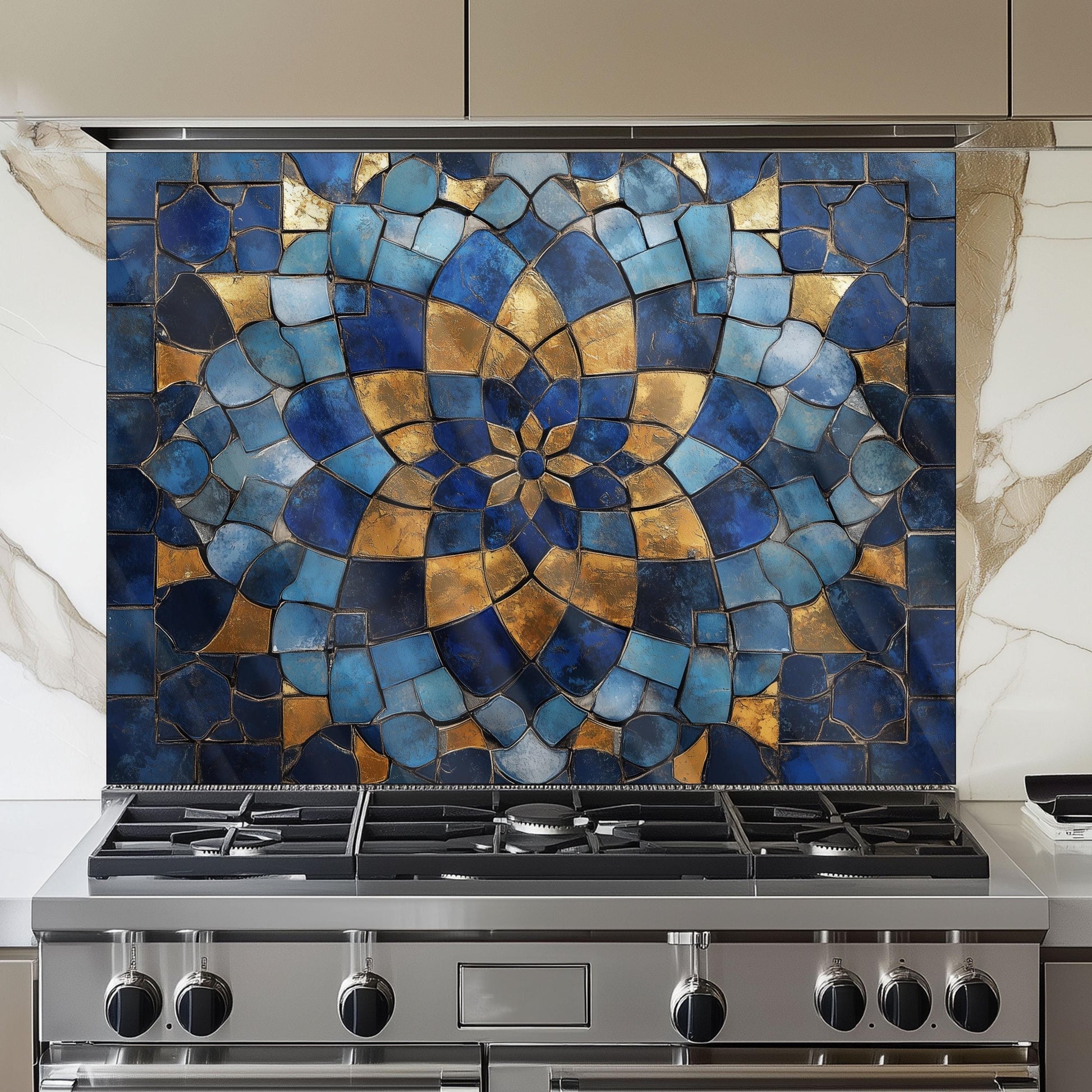 Moroccan Tempered Glass Backsplash, Artistic Geometric Stove Guard, Heat Resistant Easy Clean Art