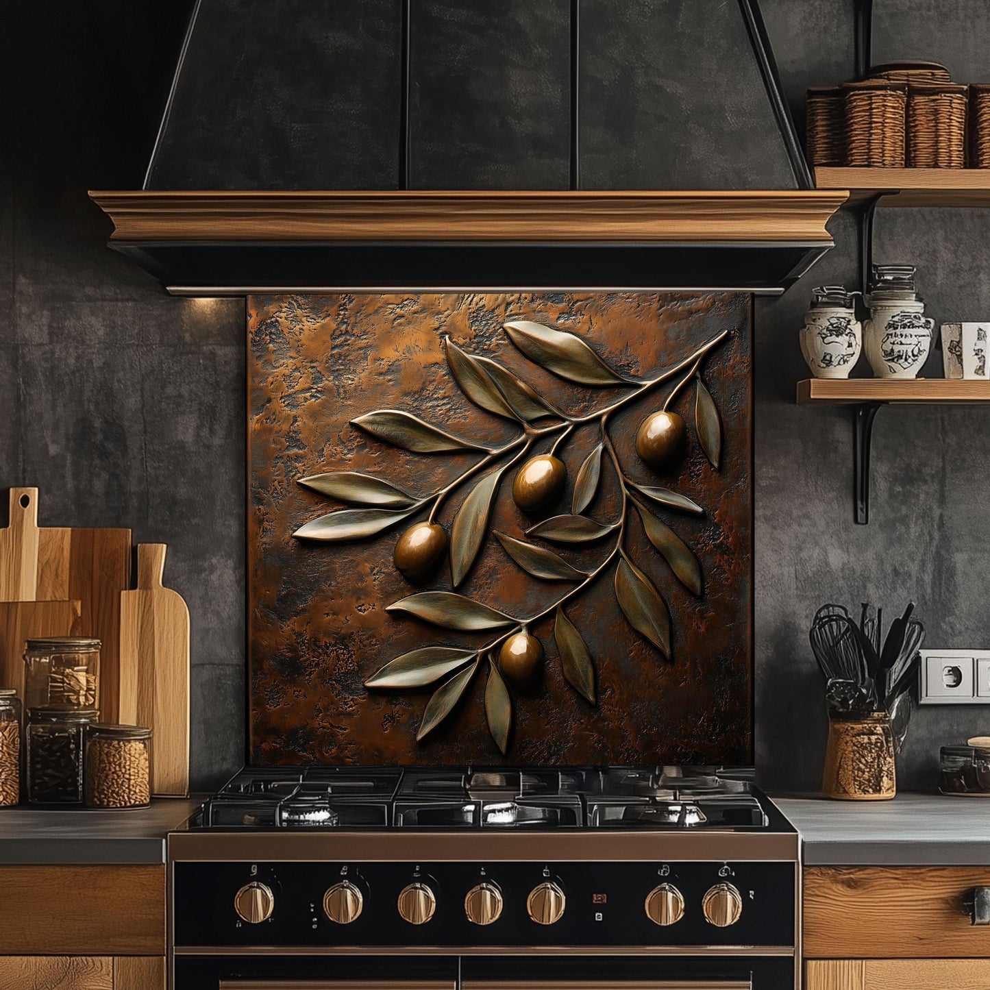 Olive branch tempered glass backsplash for a rustic, Mediterranean kitchen. Heat-resistant wall protector with detailed olive leaves, ideal for farmhouse decor. Easy to clean and durable, adding charm and elegance behind your stove.