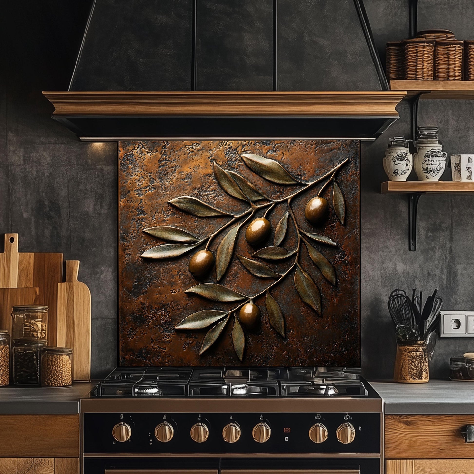 Olive branch tempered glass backsplash for a rustic, Mediterranean kitchen. Heat-resistant wall protector with detailed olive leaves, ideal for farmhouse decor. Easy to clean and durable, adding charm and elegance behind your stove.