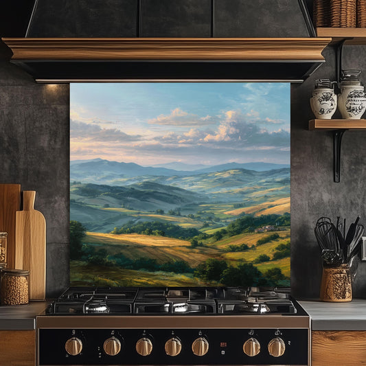 Tuscan Hills Glass Backsplash, Rustic Italy Scene Stove Guard, Heat Resistant Kitchen Wall Art
