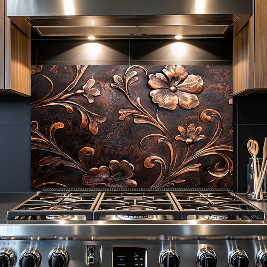 Embossed Copper Floral Glass Backsplash: Rustic Kitchen Decor