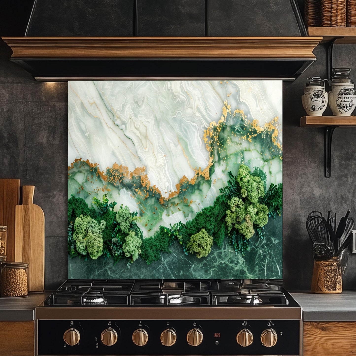 Green Marble Moss Glass Backsplash, Nature Texture Stove Guard, Heat Resistant Easy Clean Art